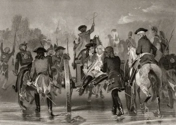 Dodelijk gewonde generaal Edward Braddock trekt zich terug van de Monongahela-rivier in 1755 na een aanval van Franse en Indiaanse troepen, uit 